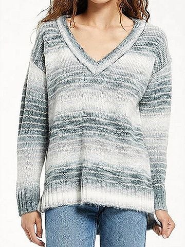 Z Supply Autumn Stripe V-Neck Sweater in Dusty Indigo (view 2)