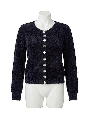 Tribal Crystal Button Fluffy Knit Cardigan in Black (view 1)