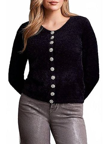 Tribal Crystal Button Fluffy Knit Cardigan in Black (view 2)