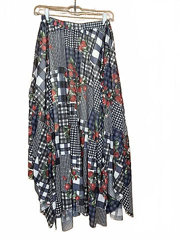 Easel Women's Patchwork Tiered Maxi Skirt in Blue/Strawberries (view 1)