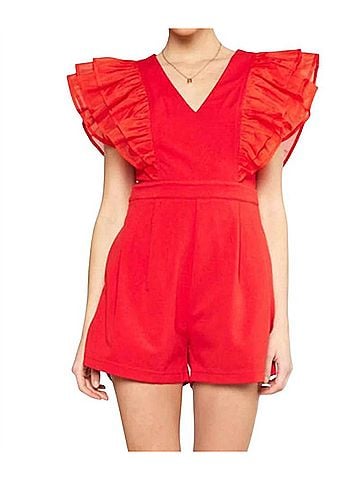 Entro Ruby Ruffle Sleeves Romper in Red (view 2)