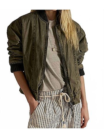 Free People Jax Washed Bomber Jacket in Olive (view 2)