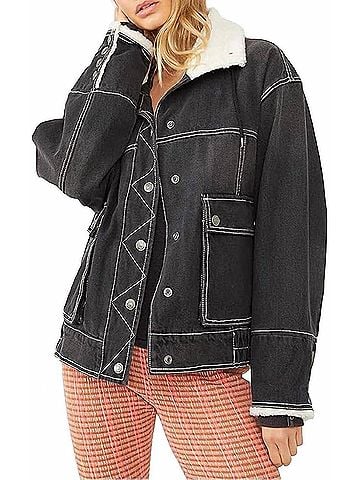 Free People Ariel Cozy Denim Bomber Jacket in Washed Black (view 2)