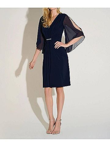 Joseph Ribkoff Chiffon Split Sleeve Ruched Sheath Dress in Midnight Blue (view 2)
