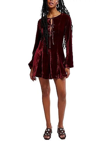 Free People Linney Velvet Mini Dress in Cabernet (view 2)