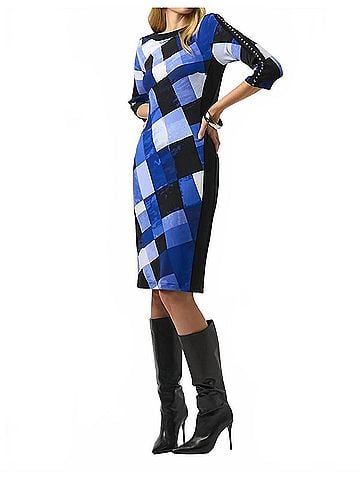 Joseph Ribkoff Plaid Print Sheath Dress in Black/Blue (view 2)