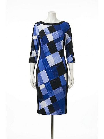 Joseph Ribkoff Plaid Print Sheath Dress in Black/Blue (view 1)