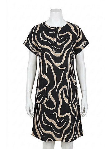 Joseph Ribkoff Abstract Print A-Line Dress in Black/Parchment (view 1)