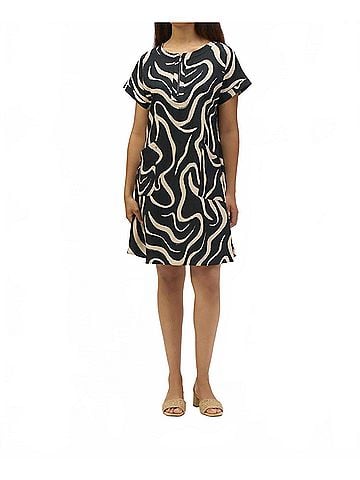 Joseph Ribkoff Abstract Print A-Line Dress in Black/Parchment (view 2)