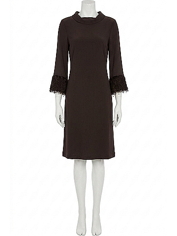 Joseph Ribkoff Cowl Neck Fringe Cuff A-Line Dress in Mocha (view 1)
