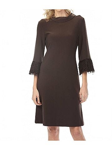 Joseph Ribkoff Cowl Neck Fringe Cuff A-Line Dress in Mocha (view 2)