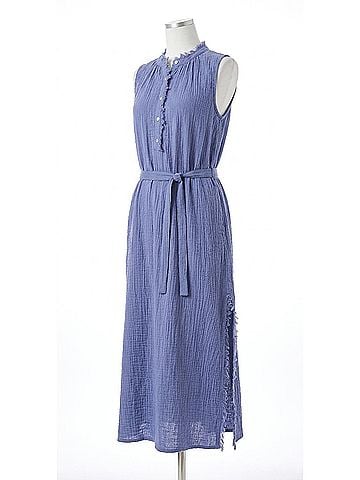 Tribal Crinkle Gauze Button-Front Belted Midi Dress in Seahaven (view 1)