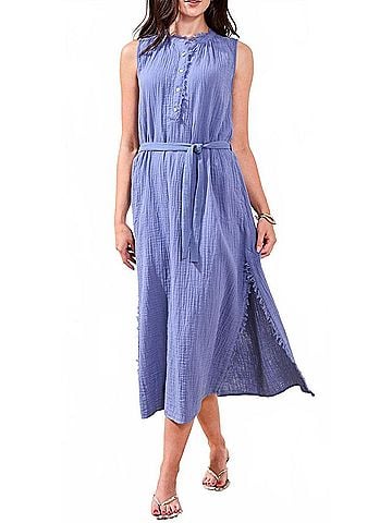 Tribal Crinkle Gauze Button-Front Belted Midi Dress in Seahaven (view 2)
