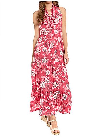 London Times Floral Printed Maxi Dress in Red/White (view 2)
