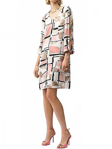 Joseph Ribkoff Recycled Satin Abstract Print Trapeze Dress With Trim in Pink (view 2)