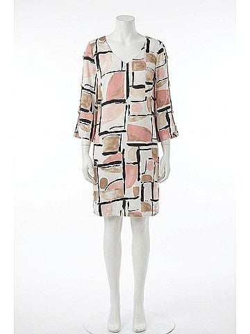 Joseph Ribkoff Recycled Satin Abstract Print Trapeze Dress With Trim in Pink (view 1)