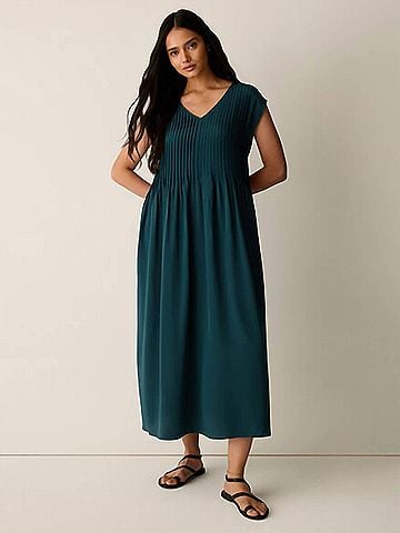 Eileen Fisher V-Neck Pintuck Dress in Kelp (view 2)