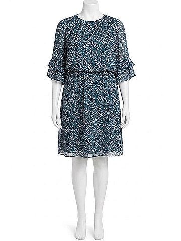 London Times Quarter Sleeve Abstract Print Dress in Teal (view 1)