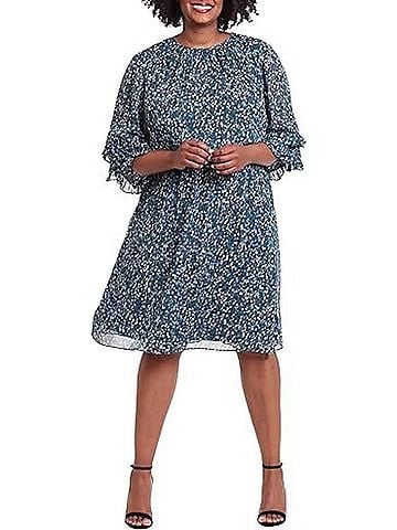 London Times Quarter Sleeve Abstract Print Dress in Teal (view 2)