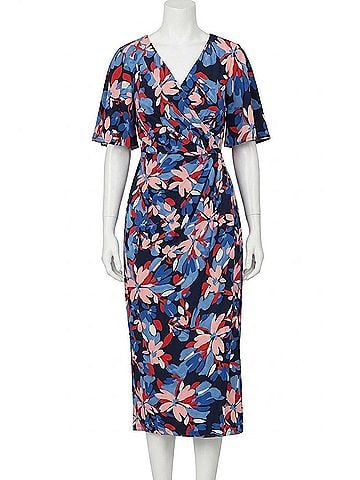 Maggy London Floral Faux-Wrap Midi Dress in Navy Red (view 1)