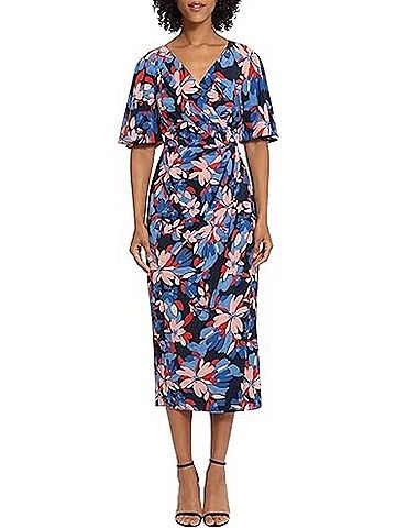 Maggy London Floral Faux-Wrap Midi Dress in Navy Red (view 2)