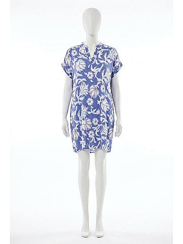 Tribal Ruffle-Sleeve Notch Neck Mini Shift Dress in Baja Blue (view 1)