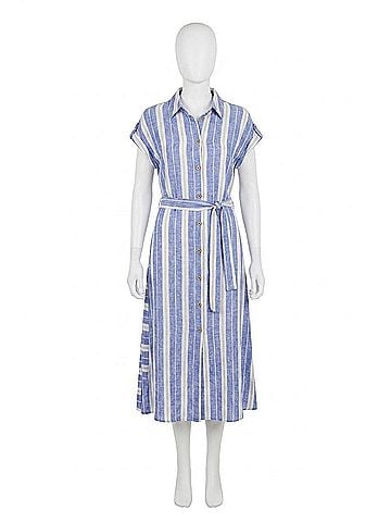 Tribal Short-Sleeve Striped Midi Shirt Dress in Marina (view 1)