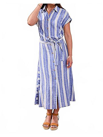 Tribal Short-Sleeve Striped Midi Shirt Dress in Marina (view 2)