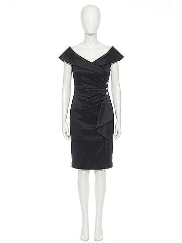 Joseph Ribkoff Off-Shoulder Pleated Faux Wrap Sheath Dress in Black (view 1)