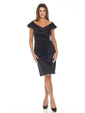 Joseph Ribkoff Off-Shoulder Pleated Faux Wrap Sheath Dress in Black (view 2)