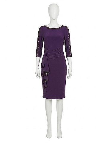 Joseph Ribkoff Sequined Ruffle 3/4 Sleeve Sheath Dress in Black Currant (view 1)