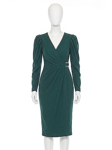 Joseph Ribkoff Pleated Embellished Faux Wrap Sheath Dress in Absolute Green (view 1)