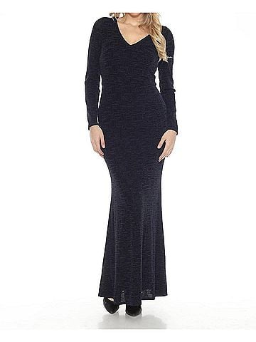 Joseph Ribkoff Shimmery V-Neck Long Sleeve Evening Dress in Navy (view 2)