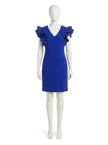 Joseph Ribkoff V-Neck Ruffled Short Sleeve Sheath Dress in Royal Sapphire (view 1)