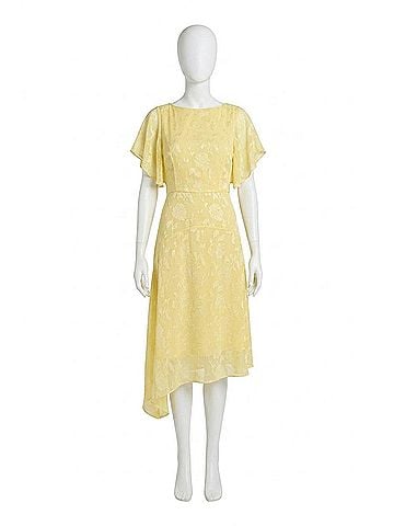 Maggy London Solid Flutter Sleeve Asymmetrical Hem Midi Dress in Yellow (view 1)