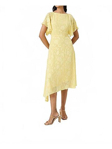 Maggy London Solid Flutter Sleeve Asymmetrical Hem Midi Dress in Yellow (view 2)
