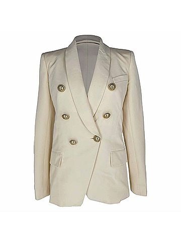 Balmain Balmain Double-Breasted Fray-Trimmed Blazer in Ivory Wool (view 1)