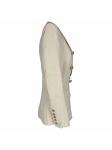 Balmain Balmain Double-Breasted Fray-Trimmed Blazer in Ivory Wool (view 2)