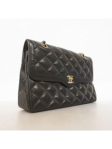 Chanel Chanel Matelassé Shoulder Bag, Paris Limited Edition, Double Flap, Chain, Lambskin, Black Gold, Women's (view 2)