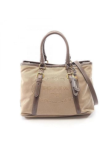 Prada Prada LOGO JACQUARD 2-Way Handbag, Canvas and Leather, Women's, Beige/Brown, BN2832 (view 1)