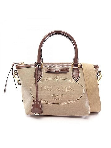 Prada Prada LOGO JACQUARD 2-Way Handbag, Canvas and Leather, Women's, Beige/Brown, 1BA111 (view 1)