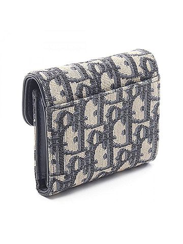 Christian Dior Christian Dior Dior SADDLE Saddle Bag Oblique Tri-fold Wallet, Canvas Leather, Women's, Navy/Beige (view 2)