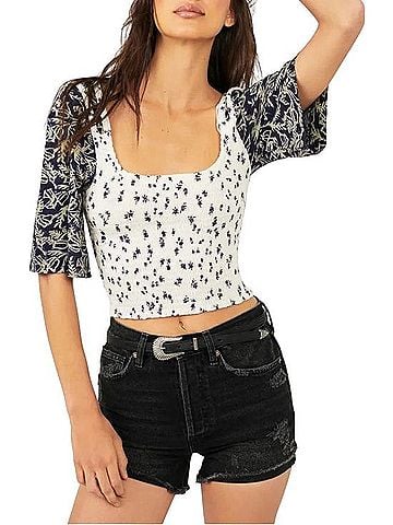 Free People Marigold Mix Print Floral Smocked Short Sleeve Top Short Sleeve Blouse (view 1)