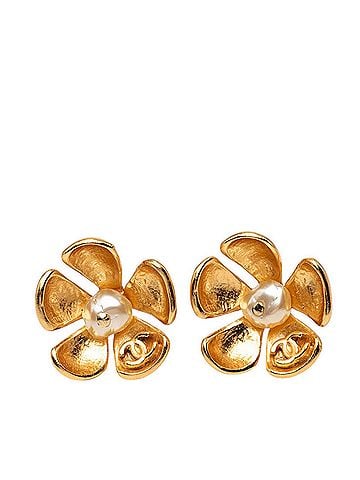 Chanel Chanel Coco Mark Stud Earrings Flower 03P Gold Plated Faux Pearl Women's CHANEL (view 1)