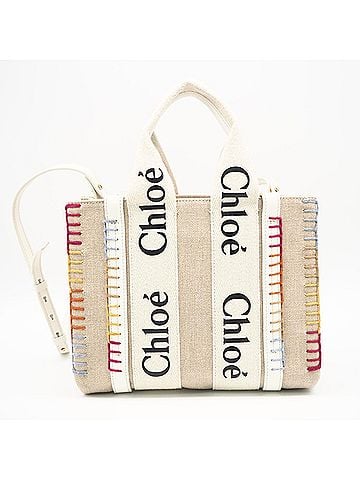 Chloé Chloe Linen Canvas Woody Small Tote Bag CHC22AS397H74 Handbag Beige Multicolor Leather Women's (view 2)