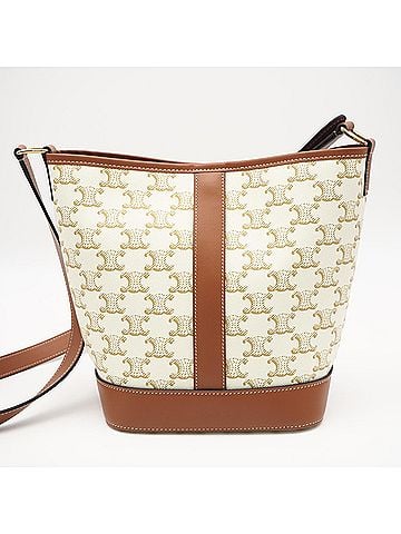Céline CELINE Triomphe Canvas &amp; Calfskin Small Bucket 191442CAS Shoulder Bag White Beige Leather Women's (view 2)