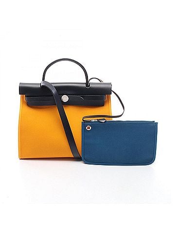 Hermès Hermes Herbag Zip PM Jaune d'Or Blue Izmir Handbag, Toile Officier Vache Hunter, Women's, Yellow/Navy (view 1)