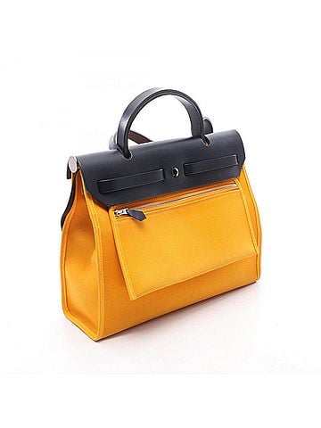 Hermès Hermes Herbag Zip PM Jaune d'Or Blue Izmir Handbag, Toile Officier Vache Hunter, Women's, Yellow/Navy (view 2)