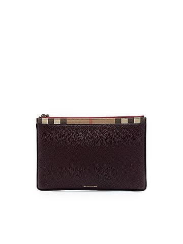 Burberry House Check Canvas Trimmed Grained Calfskin Zip Pouch (view 1)