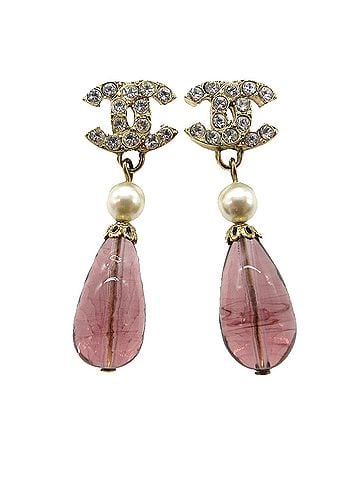 Chanel CC Gold Plated Strass Faux Pearl Push Back Earrings (view 1)